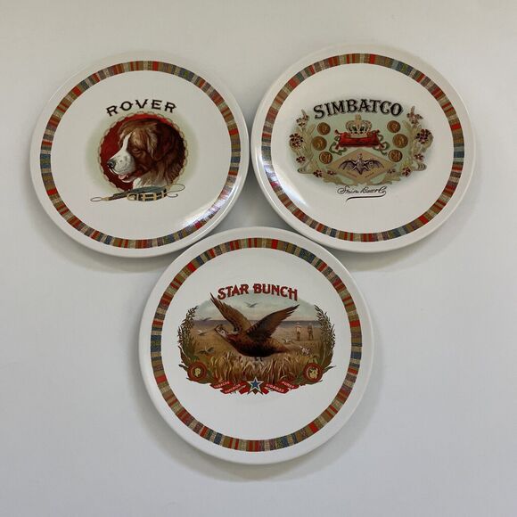 Pottery‎ Barn Appetizer Plates Simion Batt Fireside Club Salad EUC Cigar Theme - Picture 1 of 9